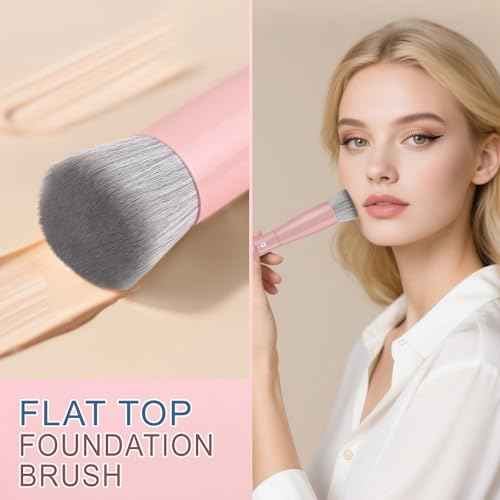 KINGMAS Foundation Makeup Brushes, Flat Top Kabuki Concealer Brush Under Eye Nose Contour Brush for Liquid Cream Powder Blending Buffing (Pink)
