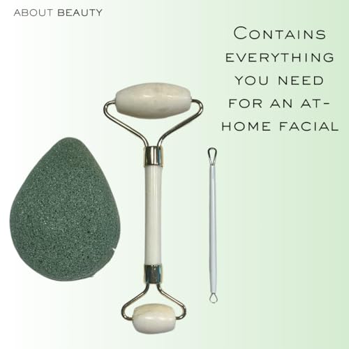 DIY Facial Kit - 3 Salon Quality Beauty Tools, Includes Green Tea Konjac Sponge, Facial Extractor and Facial Roller, Exfoliate, Stimulate & Extract Your Skin at Home