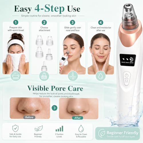 Pore Vacuum Blackhead Remover - 69kPa Suction, 3 Levels, 5 Heads