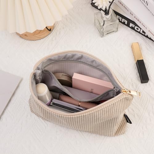 Small Corduroy Makeup Bag with Inner Zipper Pocket, Beige