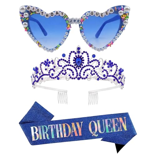Birthday Queen Glasses & Tiara Crown Sash Set 3-Piece
