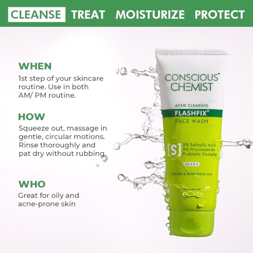 Conscious Chemist¢ç 2% Salicylic Acid Face Wash | 100ml | Face Wash for Oily & Acne Prone Skin for Men & Women, Glycolic Acid & CICA Extract, For Glowing & Radiant Skin, Vegan & Cruelty Free - Flashfix