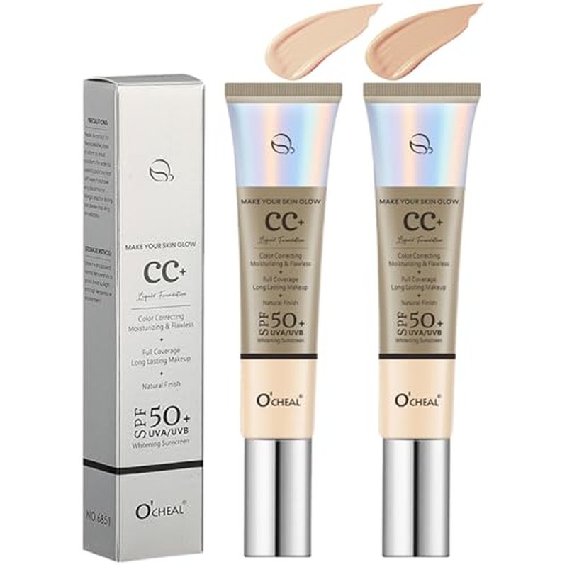 Color Correcting CC Cream, 2 Colors Natural & Ivory SPF 50 CC Cream Foundation Full-Coverage Concealer Invisible Pore Evens Skin Tone Hydrating Lightweight Long Lasting Waterproof 1.05 fl oz