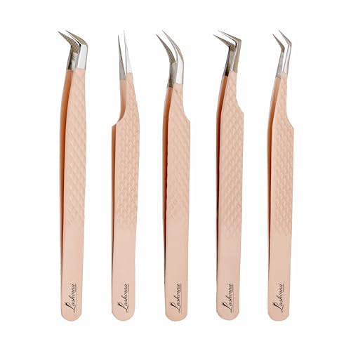 LASHORAA Professional 5pc Lash Extension Tweezers Pack - Fiber Tip Diamond Grip Japanese Steel, Precision Angled Tips - Perfect for Volume & Mega Volume Lashes with Leather Pouch (Peach)