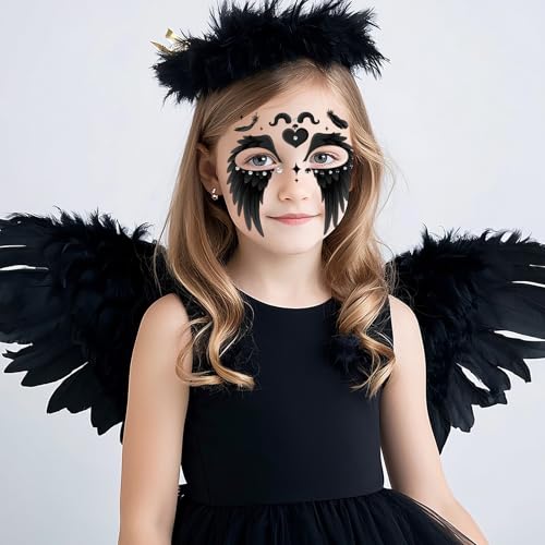 Halloween Angel Face Tattoos, 2 Sheets Black & White Wings