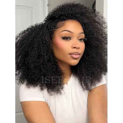 ISEE Half Wig Afro Curly 3 In 1 Half Wig Glueless Wigs Human Hair Seamless Kinky Curly Flip Over Beginner Friendly Wear & Go Drawstring Band Clip in Human Hair Black Color 20 Inch