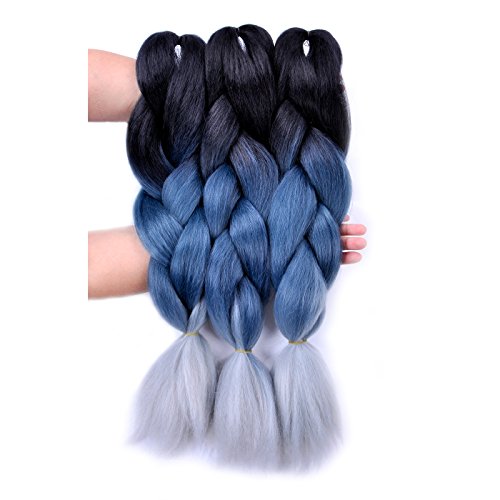 BACANA Ombre Braiding Hair Kanekalon 3pcs (Black/Grey Blue/Silver Grey) Jumbo Braid in Hair Extension Ombre Colors For Box Braid Crochet Braids Hair