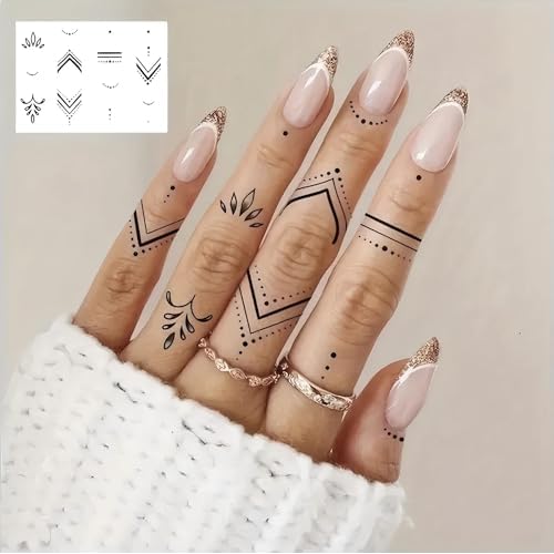 18 Sheets Fashion Y2K Geometric Lotus Arrow Temporary Tattoos For Men Women Adults Finger Hands, Waterproof Realistic Tiny Rose Flower Leaf Fake Tattoos Black Small Butterfly Sun Moon Tatoo Stickers