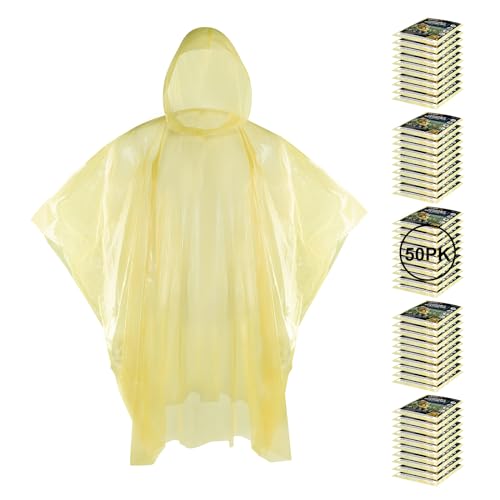 APEXUP Emergency Disposable Rain Ponchos for Adults for Camping Hiking Travelling,Yellow (50 Pack)