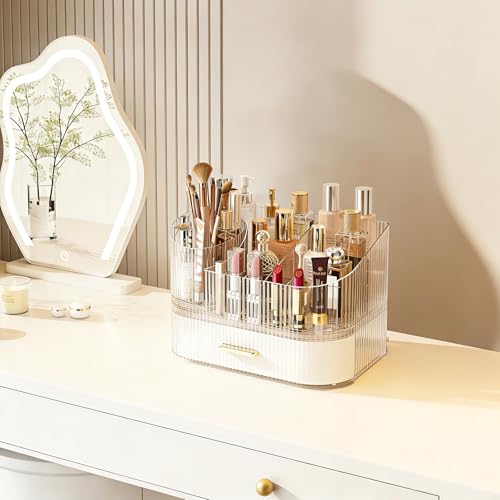 Makeup Organizer with 360¡Æ Rotating Brush Holder and Stackable Drawers, Cosmetic Display Case for Vanity, Bathroom Countertop (White, 2 Layer)