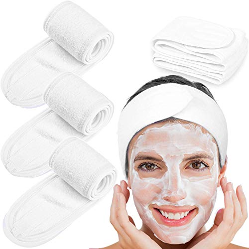 4 Counts Spa Facial Headband Whaline Head Wrap Terry Cloth Headband Stretch Towel with Magic Tape for Bath, Makeup and Sport, 3.5" Wide (White)