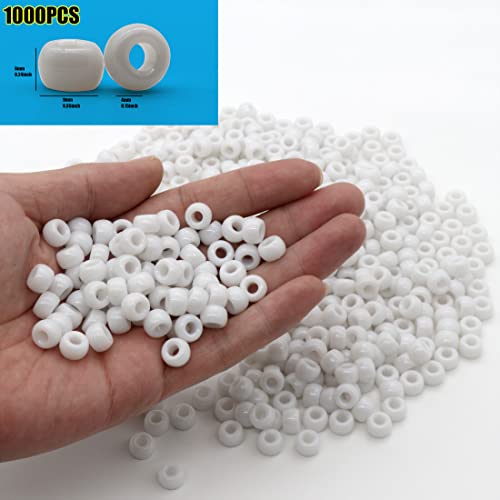 Auvoau 1000Pcs Pony Beads Bracelet 9mm White Plastic Barrel Pony Beads for Necklace,Hair Beads for Braids for Girls,Key Chain,Jewelry Making (White)