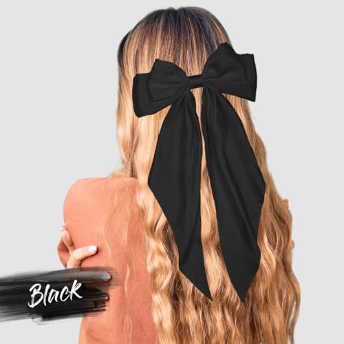 LSxia 2PCS Hair Bows for Women, [Black Hair Bow & Beige White Hair Bows] for Hair, Big Silky Satin Hair Bow Hair Ribbons, Bow Hair Clips Bow Clips for Women, Cute Hair Accessories (Set B)