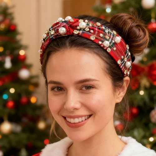 2Pcs Fashion Red Plaid Headbands for Women Pearl Rhinestone Beaded Top Knotted Hairbands Wide Hair Hoop Holiday Festival Hair Accessories Set