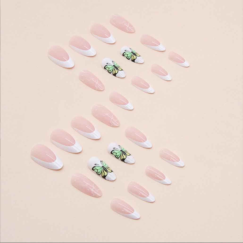 French Tip Press on Nails Medium Butterfly Fake Nails Almond Bling Glossy White False Nail Tips Artificial Finger Manicure for Women and Girls -24pcs