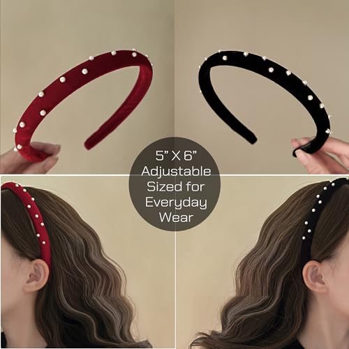 Pearl-Accented Velvet Headbands for Women 2 Pack - Black & Burgundy, Vintage Elegant Hair Accessories, Fanssya