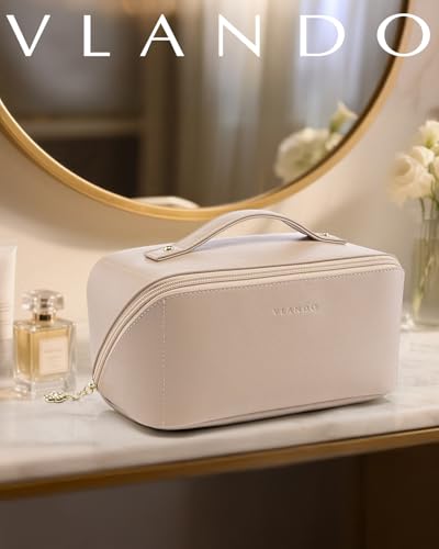 VLANDO Toffee Travel Makeup Bag with 180° Opening, Women Toiletry Case