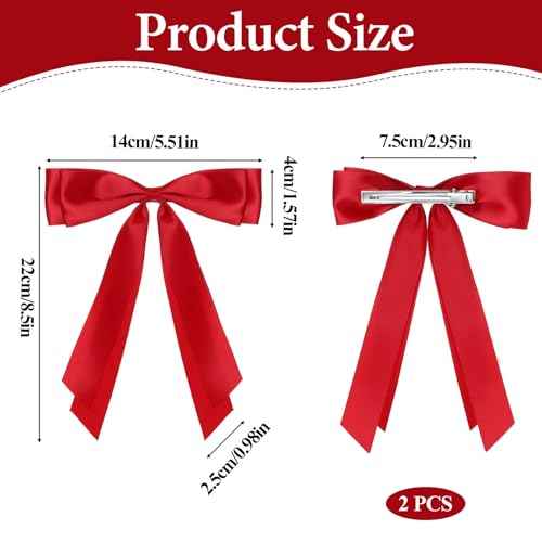 cobee 2 Pcs Red Hair Bow, Bow for Hair Satin Bows Hair Ties, Large Double Satin Ribbon Hair Clips Red Accessories for Holiday Party Women Girls Ponytail Holder