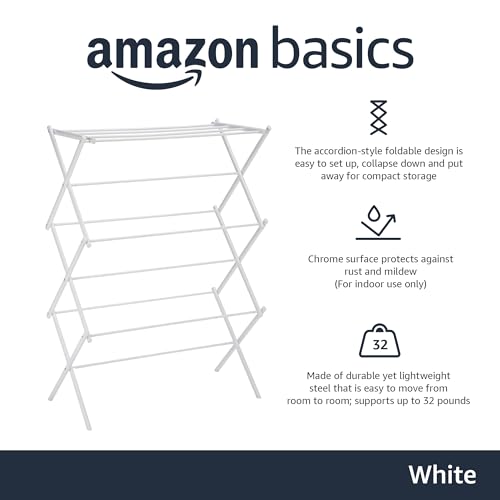 Amazon Basics Foldable Laundry Rack for Air Drying Clothing - 29.4 x 14.8 x 41.9 inches (LxWxH), White