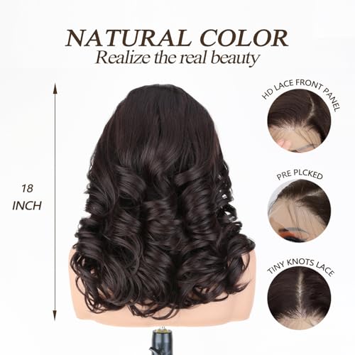 SISgrace Brown 13¡¿6 HD Lace Front Wigs Synthetic Glueless Pre Layered Brown Roots Body Wave Wigs for Women Pre Plucked 18 Inch Tiny Knots Lace Natural Hairline Bob Wig