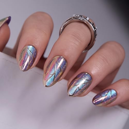 CurvLife Medium Almond Cat Eye Press On Nails, Aurora Wings Blue,