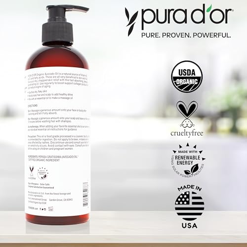 PURA D'OR 16 Oz ORGANIC Avocado Oil-100% Pure&Natural USDA Certified Cold Pressed Carrier Oil For DIY Beauty,Non-Greasy,Unscented,Hexane Free Liquid Moisturizer-Face Skin&Hair-Men-&Women,(Pack of 2)