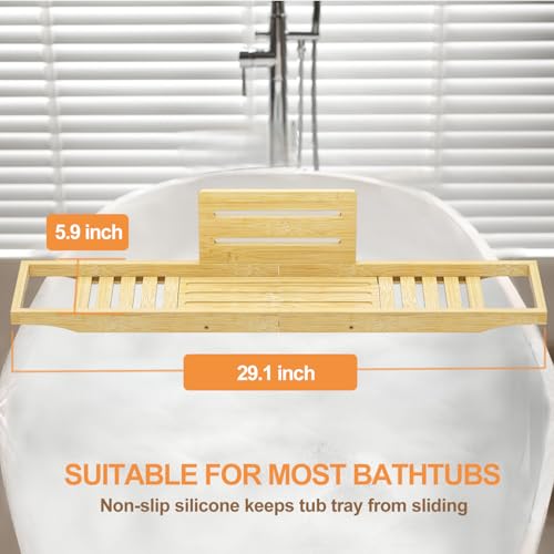 Bamboo Bathtub Caddy Tray - 29" Bath Tray with Slip-Resistant Grips