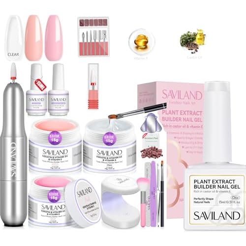Saviland Builder Gel Set With Drill - 4 Pcs Hard Gel (VE&VB5&Kerain) Clear Pink Nudes, Lamp, Brush, Strengthener for Extension Shaping DIY at Home Salon