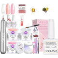 Saviland Builder Gel Set With Drill - 4 Pcs Hard Gel (VE&VB5&Kerain) Clear Pink Nudes, Lamp, Brush, Strengthener for Extension Shaping DIY at Home Salon