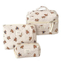 Women Adorable Quilted Fabric Cosmetic Bag Set, 3-Piece Cartoon Bear Makeup Organizer with Zipper, Easy Travel Home Storage (White)
