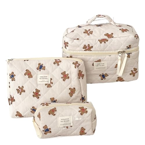 Women Adorable Quilted Fabric Cosmetic Bag Set, 3-Piece Cartoon Bear Makeup Organizer with Zipper, Easy Travel Home Storage (White)