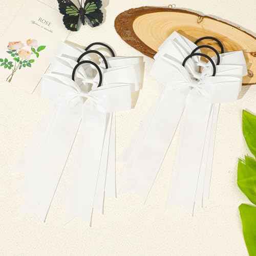 CEELGON 20 PCS College Style Cheer Bows Collegiate Long Tail Skinny Cheer Bow Elastic Hair Tie Bows for Teens Girls Softball Competition Sports Cheerleaders (White)