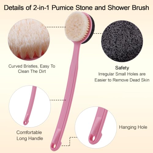 2-in-1 Pumice Stone Foot Scrubber with 13.7" Long Handle & Body Brush