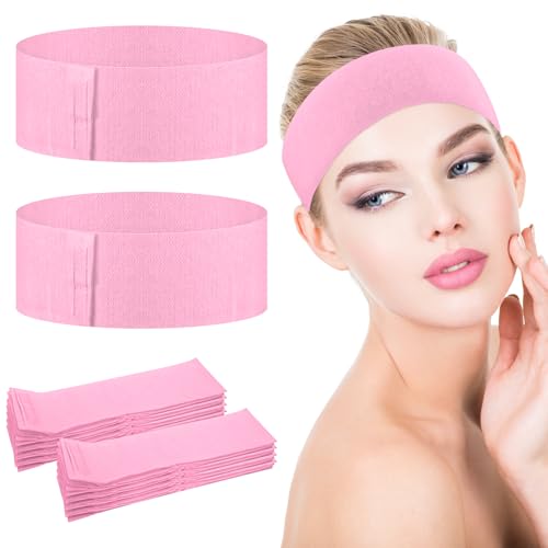 YUXIANLB 30 Pieces Disposable Spa Facial Headbands, Stretch Non-Woven Skincare Headband, Soft Skincare Hair Band with Adjustable Magic Tape for Women Girls Salons Esthetician Supplies (Pink)