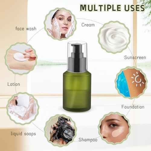 6 Pcs Empty Glass Pump Bottles Refillable Cream Lotion Bottles Travel Sample Bottles Cosmetic Dispenser Bottles Containers For Lotion Cream Emulsion Essence (Green, 60ml/2oz)