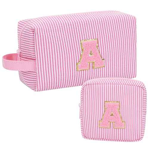 MONSTINA Initial Makeup Bag Set for Girls&Women,Personalized Make Up Case for Girlfriend Graduation Teacher Gifts,Cute Toiletry Bag Preppy Chenille Letter Patch,Pink A