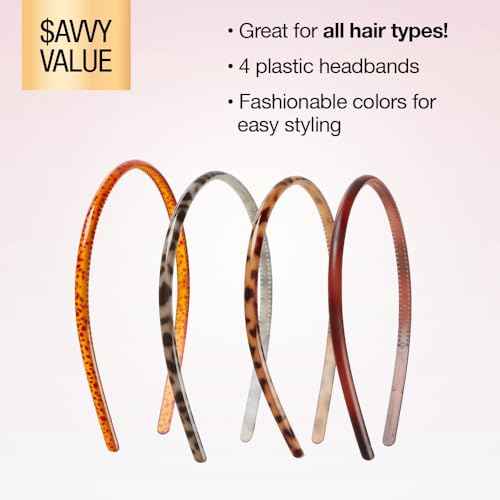 CONAIR Scunci Effortless Beauty Skinny headband -plastic Headbands for Women and Men - hair accessories for women - Assorted Tortoise - 4 Count
