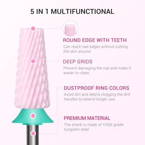 MelodySusie 5-in-1 Ceramic Nail Drill Bits, 3/32'' Coarse