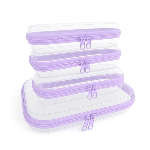 4Pcs/3S+1M Clear Hard Shell Zippered Travel Case ? Plastic Organizer Pouch for Toiletries, Cosmetic Bag, Diaper Bag & Packing Accessories (Purple, Set B)
