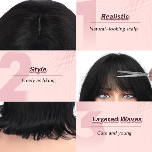 Black Short Bob Wig with Bangs 14 Inch Shoulder Length