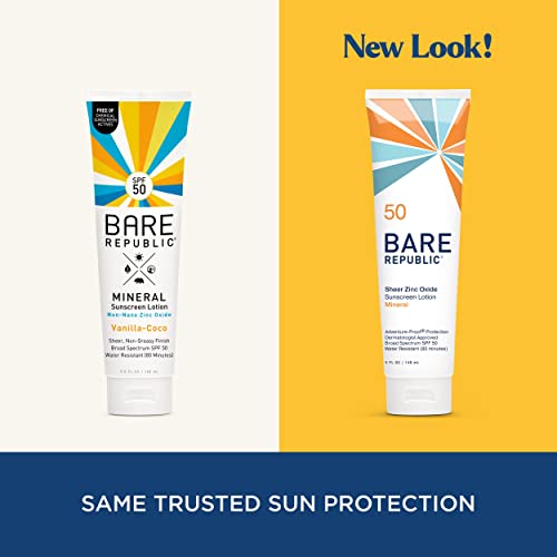 Bare Republic Sport Mineral Sunscreen SPF 50 Sunblock Body Lotion, Free of Chemical Actives, Vanilla Coco Scent, 5 Fl Oz