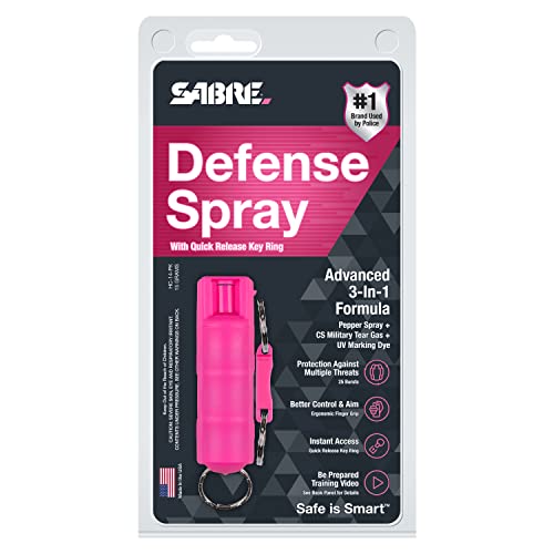 SABRE Self Defense Spray, 3-in-1 Formula Contains Max Strength Pepper Spray, CS Military Tear Gas & UV Marking Dye, Quick Release Easy Carry Key Ring, Finger Grip for Accurate Aim, 0.54 fl oz, 2 Pack