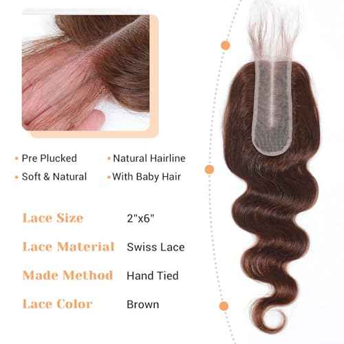 2x6 Closure Human Hair 20 Inch HD Transparent Lace 2x6 Body Wave Closure Middle Part Brazilian 4# Brown Human Hair Closure With Baby Hair