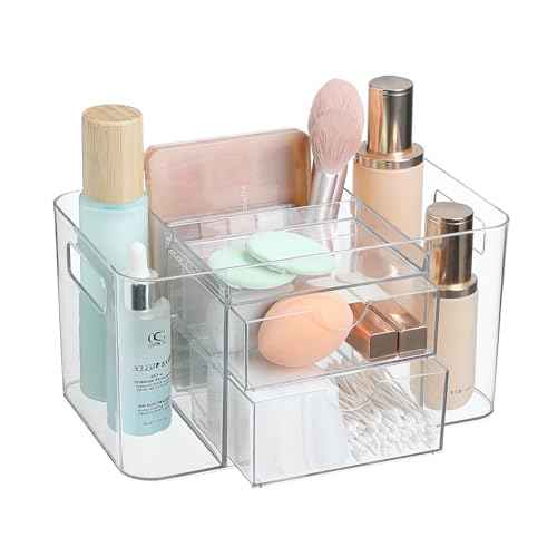 Acrylic Makeup Organizer for Countertop ? 2 Drawers & 3 Compartments, Clear Storage Bin. Multi-use for Skincare, Cosmetics, Jewelry & Small Accessories, fits Vanity, Bathroom, Office, Craft