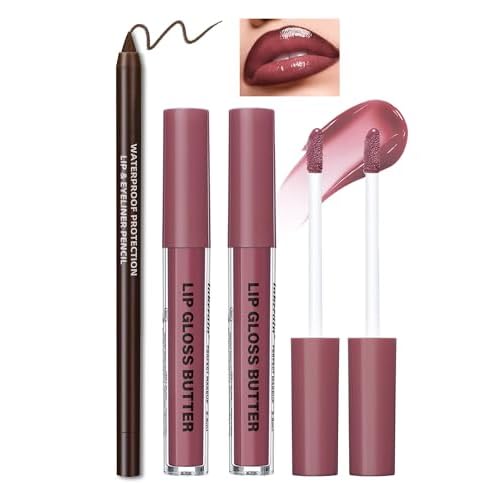 3Pcs Hydrating Lip Gloss with Brown Lip Liner Combo Set,Plumping Lip Liner Moisturizing Nude Tinted Lips Glow Oil,Lightweight Non Sticky Liquid Lipstick Women Lipstain Makeup Long Lasting Lipgloss-12