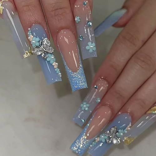 Press on Nails Long Square Fake Nails with 3D Butterfly Rhinestones & Flower Charms Designs Glitter French Tip Nails Press ons Glossy Glue on Nails Blue Gradient Stick on Nails for Women 24Pcs