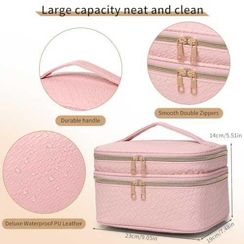 Large Makeup Bag for Women Double Layer Cosmetic Bag with Jewelry Organizer Compartment Waterproof Travel Toiletry Bag (B/Pink)