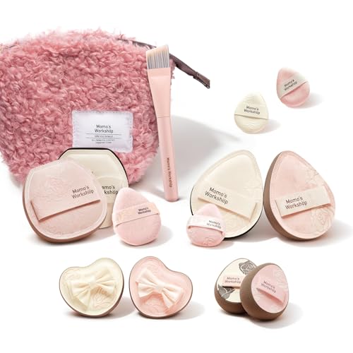 Momo's Workshop Rose Series Makeup Sponge & Brush Set, 13-Piece Beauty Puffs Kit with Beauty Pouch, High-Density Rubycell & Velour Puffs for Foundation, Concealer, Powder