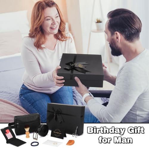 10 Pcs Birthday Gifts Baskets for Men Get Well Soon Gifts Beard Care Set for Him with Bathrobe, Wallet, makeup bag, Belt, Bracelet, Beard Comb & Brush Set for Dad Boyfriend Husband(Blue)