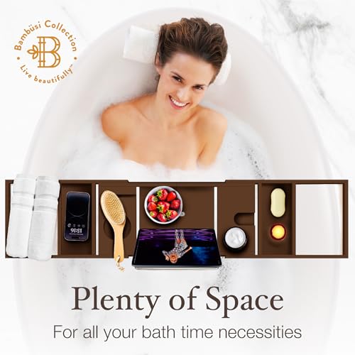 Bamboo Bathtub Tray, Expandable Bath Caddy with Wine Holder